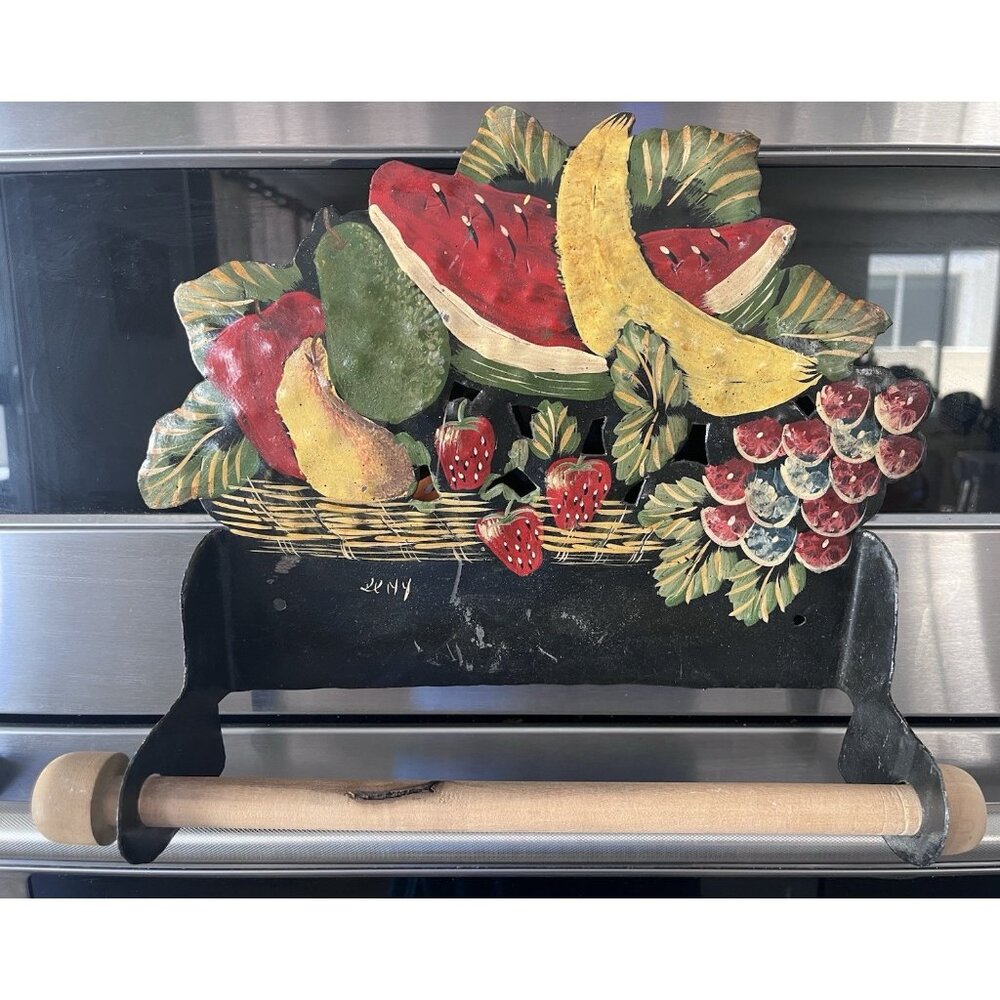 Vintage Toleware Hand Painted Fruit Paper Wall Holder Wall Hanging Country Folk